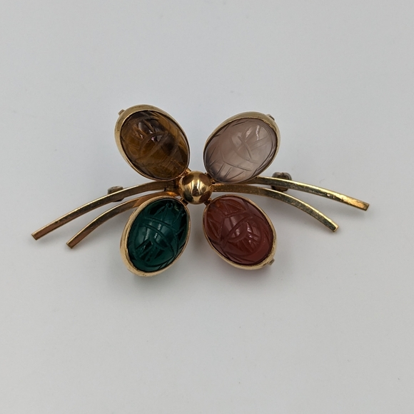 Egyptian Revival Bal-Ron Carved 4 Scarab Semi Precious Gemstones Brooch 12k GF - Picture 4 of 7